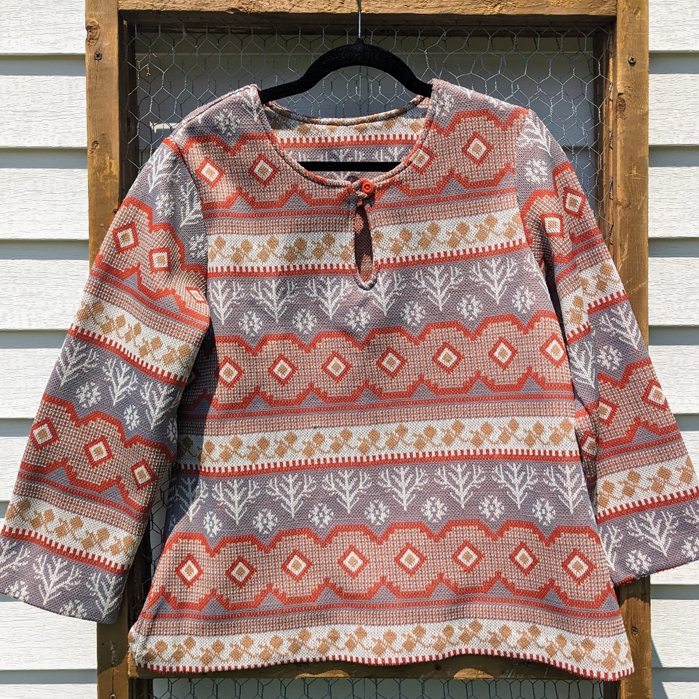 Vintage 1970s Polyester Knit Geometric Patterned Long Sleeve Top L Retro Boho